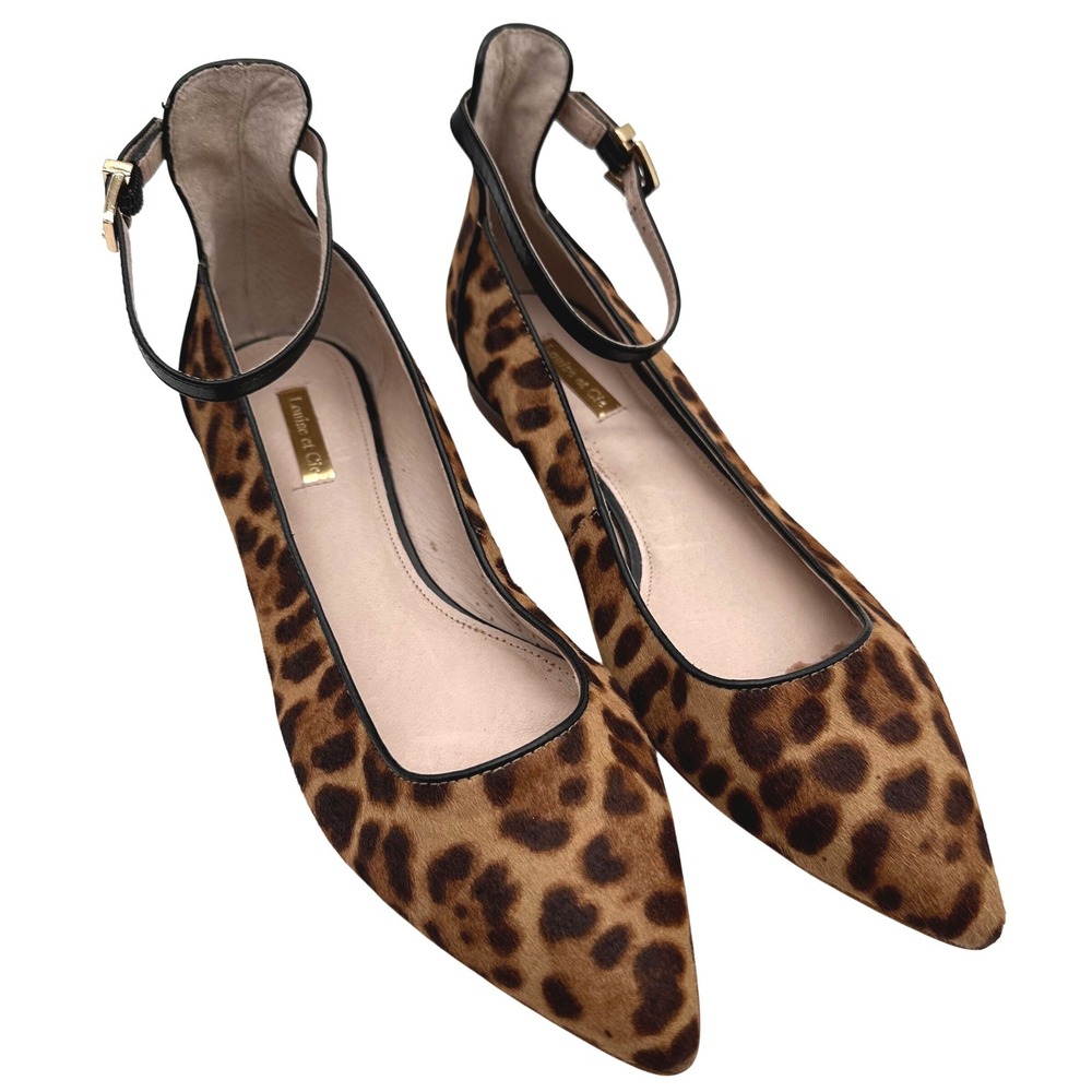 Louise et Cie Leopard Calf Hair Pointed Toe Ankle Strap Flats Brown 9.5M